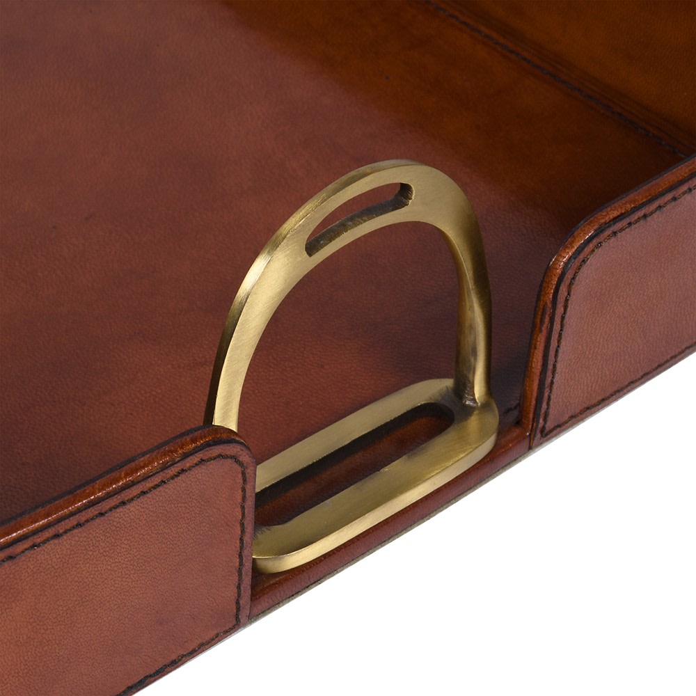 Rectangular Leather Tray with Stirrup Handles