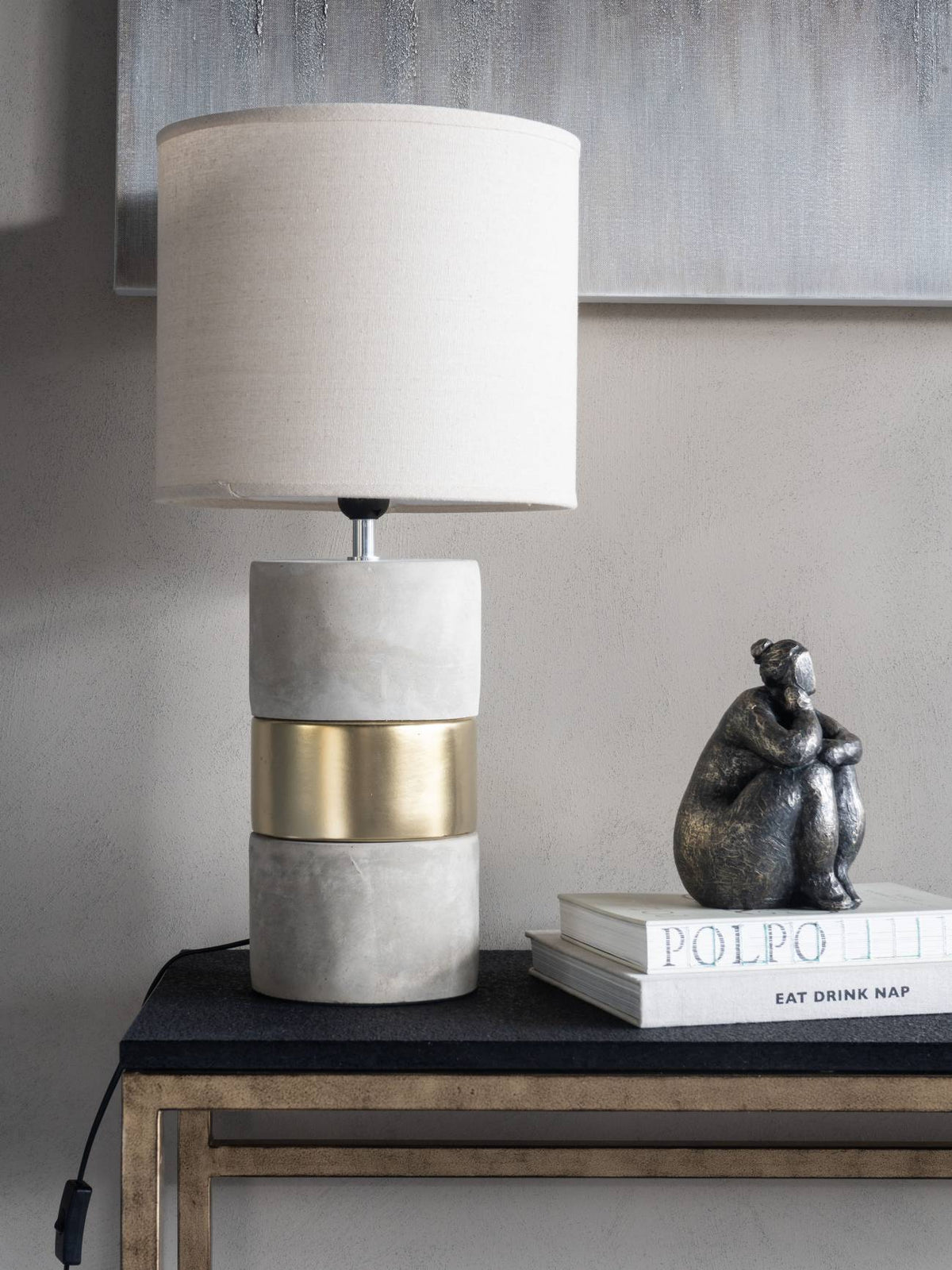 Concrete and Gold Table Lamp with Natural Shade