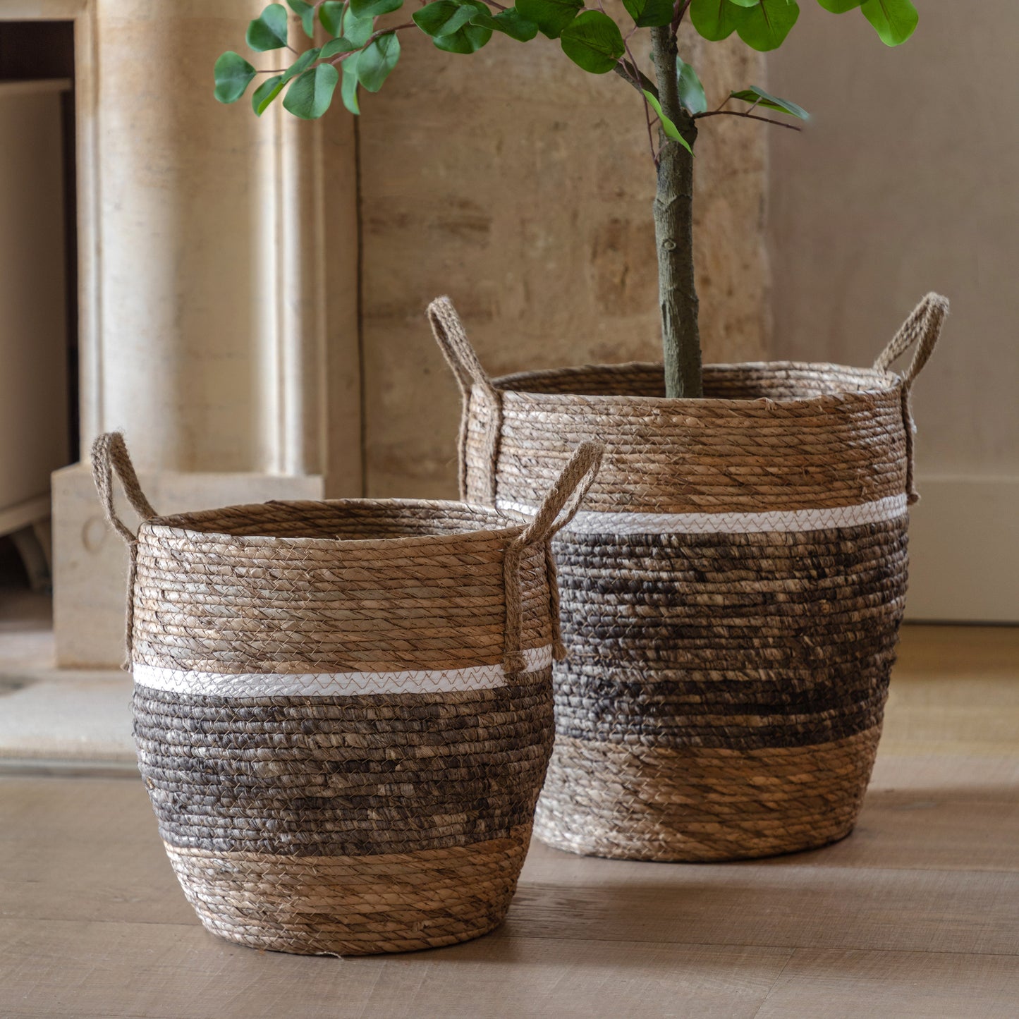 Woven Storage Basket Contrast Stripe Set of 2