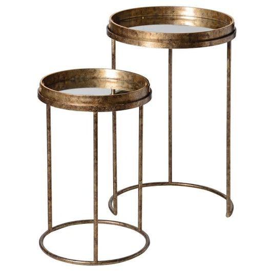 Nest of 2 Gold Marble Mirror Round Tray Tables