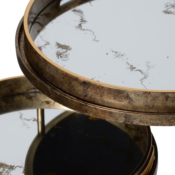 Nest of 2 Gold Marble Mirror Round Tray Tables