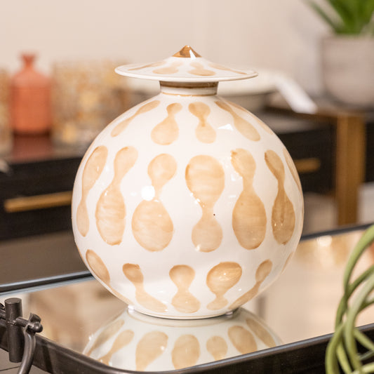 Brown and White Hand Painted Lidded Jar