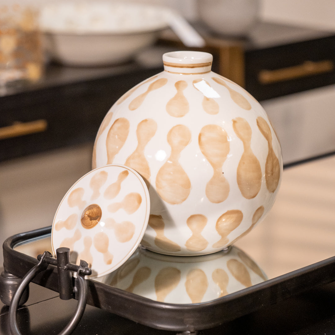 Brown and White Hand Painted Lidded Jar