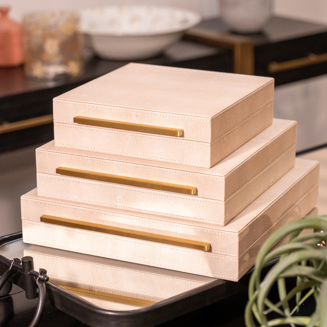 Set of 3 Ivory Faux Shagreen Boxes