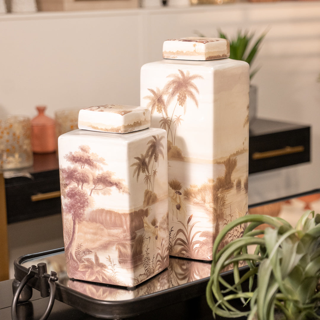 Large Ceramic Palm Tree and Heron Lidded Jar