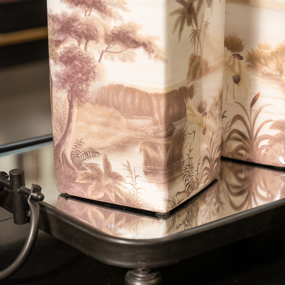 Large Ceramic Palm Tree and Heron Lidded Jar