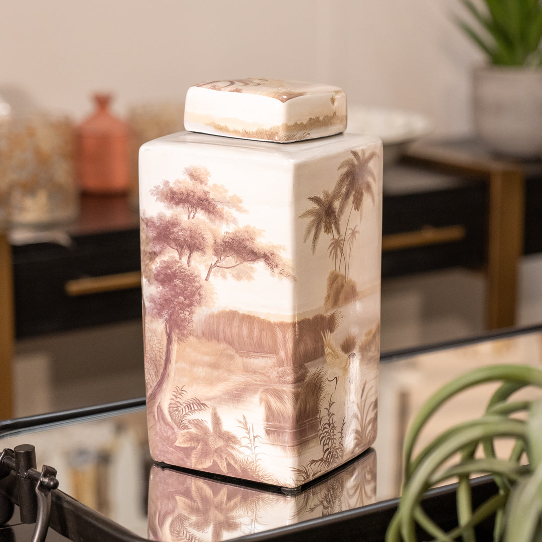 Medium Ceramic Palm Tree and Heron Lidded Jar