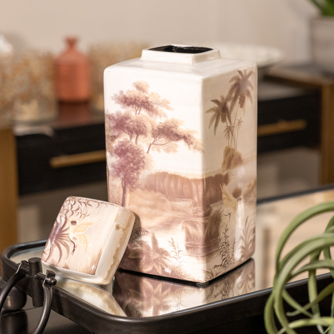 Medium Ceramic Palm Tree and Heron Lidded Jar