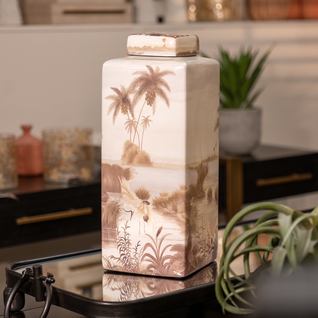 Large Ceramic Palm Tree and Heron Lidded Jar