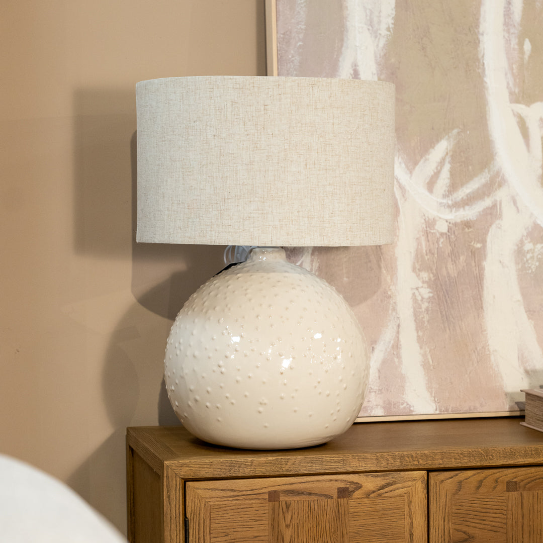 Cream Ceramic Pimpled Ball Table Lamp with Linen Shade