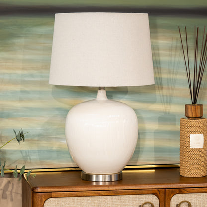 Beige Rounded Table Lamp with Linen Shade
